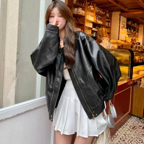 正品Ethos复古皮衣意大利进口真羊皮慵懒复古机车风夹克皮衣女 - 图0