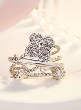 极速Diamonfd Clover Ring Womens Day Rose Gold Ring Live Adj