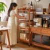 Movable multifunctional storage rack floor-standing bookshelf restaurant kitchen microwave oven storage rack simple shelf all solid wood