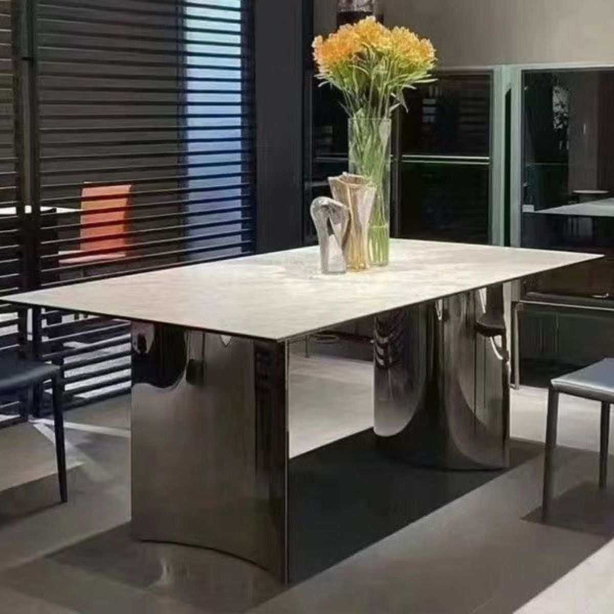 意式极简不锈钢岩板餐桌镜面月牙款轻奢现代家用饭桌长方形高级感,淘宝优惠券,粉丝福利购,淘宝优惠卷