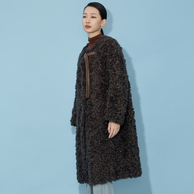 马天奴秋冬新款棕色金貂绒外套圆领长款仿皮草大衣轻奢保暖