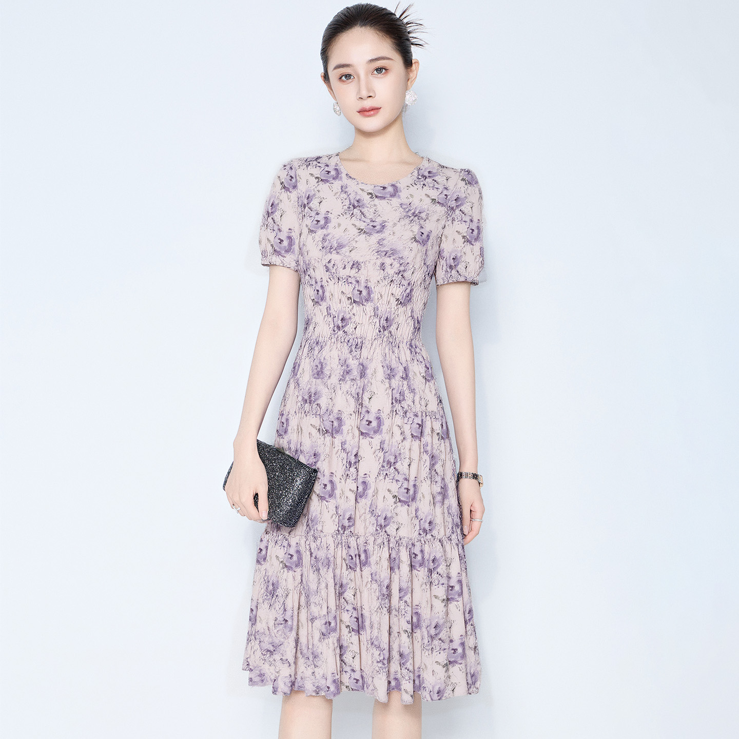 马天奴2025秋冬新款植物印花连衣裙子圆领泡泡袖收腰气质法式复古 - 图2