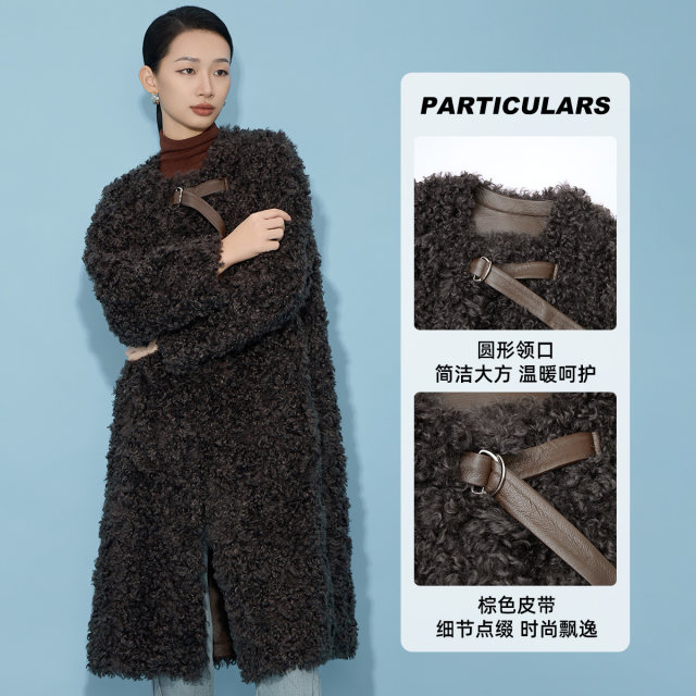 马天奴秋冬新款棕色金貂绒外套圆领长款仿皮草大衣轻奢保暖