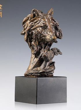 铜金岁月战歌狼首黄铜摆件创意野狼头首角几客厅办公室桌面铜装饰