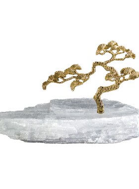新中式金属铜迎客松水晶矿石轻奢摆件玄关桌面书柜松树摆件装饰品