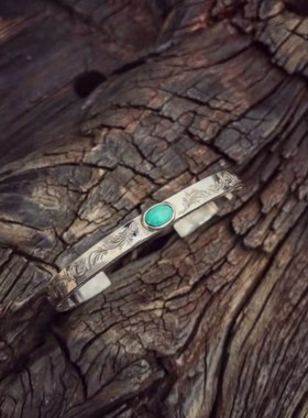 复古印第安开口手镯男女时尚花唐手B镯松石银饰95银非鹫见高桥手