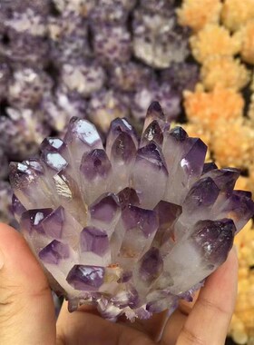 天然水晶簇晶花原石摆件黄绿白紫水晶石消磁净化办公室装饰