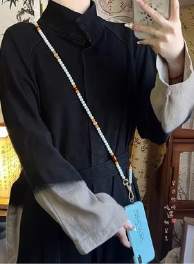 国风绿色珠子串珠项链女2024新款新中式复古国风手机链斜挎链配饰