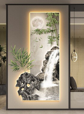 极速竹报平安玄关装饰画新中式流水生财茶室M挂画太湖石走廊带灯