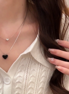 黑色滴油爱心项链精致双层锁骨链