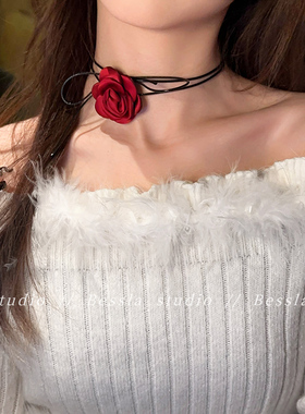 红色玫瑰花颈链choker配饰绑带