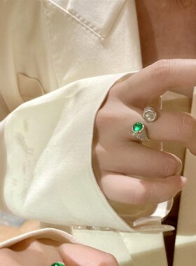 新中式国风6mm刚感水沫玉阳绿玉髓双色小灯泡开口戒指女925银手镶