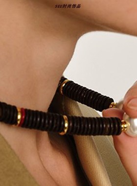 臻黑椰片木串珠项链锁骨链小D众设计潮流百搭气质送礼饰品