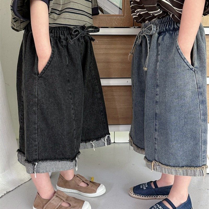 儿童复古拼接毛边阔腿裤夏季新品韩系男女童宽松休闲七分裤牛仔裤,淘宝优惠券,粉丝福利购,淘宝优惠卷