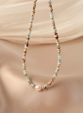 寿山石项链女轻奢小众多巴胺串珠锁骨链新款爆款天然珍珠颈链