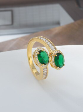 2023年新款镶锆石气质开口戒指女高级感祖母绿方糖指环个性食指戒