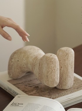 栗石侘寂风洞石几何抽象艺术摆件样板房民宿O客厅书房桌面软装饰