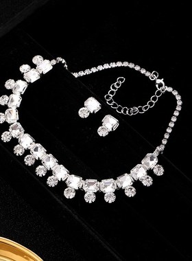 高级感方钻项链耳环套装轻奢气质简约礼服配饰玻璃方形锁骨链