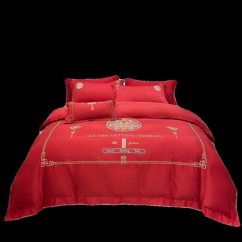 婚嫁四件套纯棉刺l绣红色高级感床单被套婚庆婚房喜被结婚床上用 - 图3