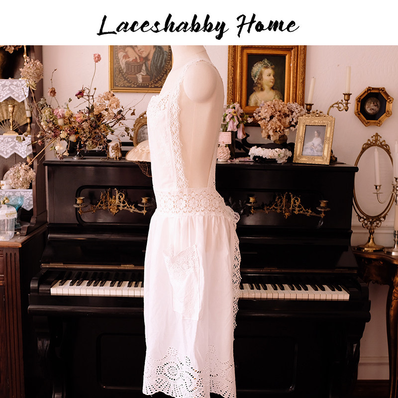 伊丝莎贝新款复古乡村风白色镂空绣花蕾丝棉质法式布艺居家围裙女,淘宝优惠券,粉丝福利购,淘宝优惠卷