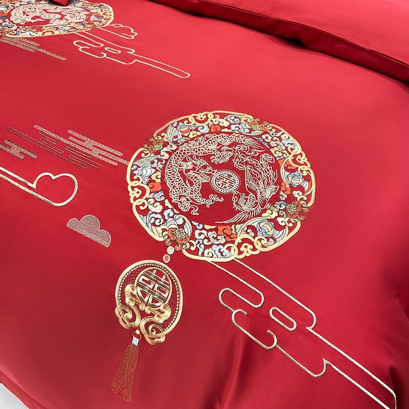 婚嫁四件套纯棉刺l绣红色高级感床单被套婚庆婚房喜被结婚床上用 - 图1