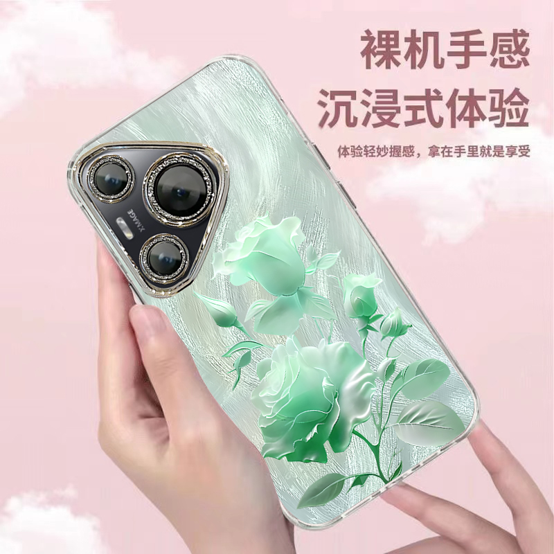 适用华为pura70pro手机壳新款p70ultra硅胶防摔p60可爱女网红p50e绽放玫瑰花p40pro手链p30高级感镜头全包+