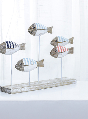 极速地中海风格i家居饰品蓝白木质对鱼摆件做旧亲嘴鱼桌面电视机