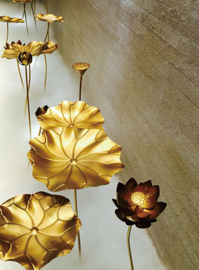 极速铁艺金色荷花荷叶落地摆件y中式庭院水池水景景观室内干景莲