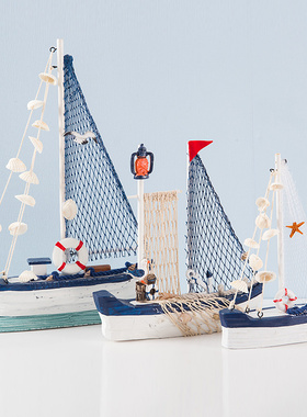 极速地中海帆船模型摆件t做旧工艺船蓝白贝壳船家居客厅餐厅摆件
