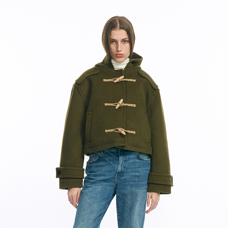 韩国正品 PARTIMENTO 秋冬女款时尚休闲短款双排扣连帽大衣 - 图1