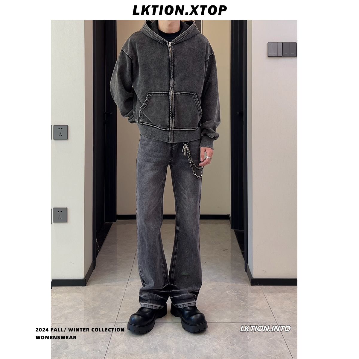 LK官方正品 美式复古潮新品巴家直筒微喇牛仔裤显瘦显腿长男裤子