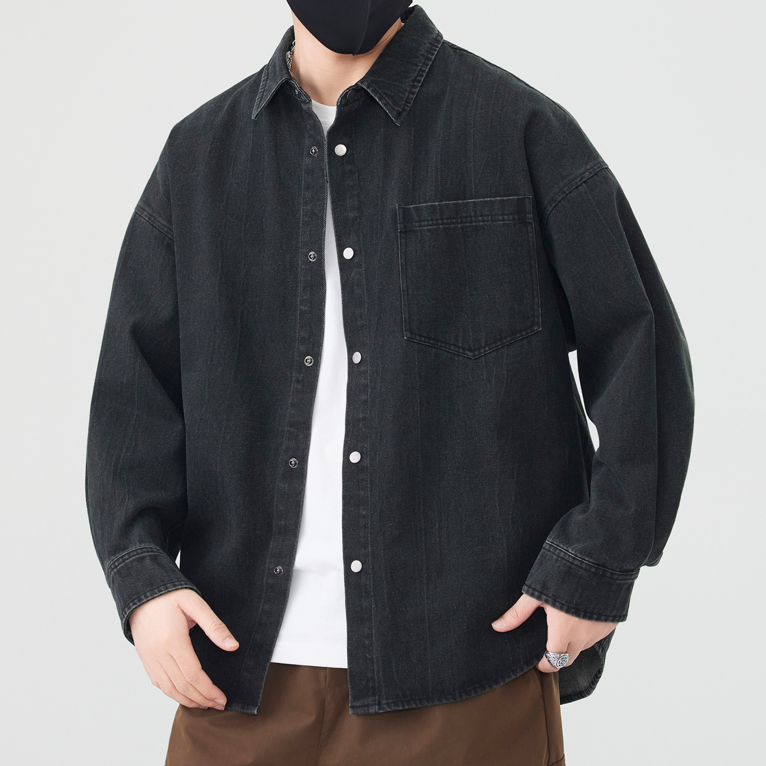 2025新款日系复古牛仔衬衫男秋季水洗时尚潮流方领男衬衣潮流外套 - 图0