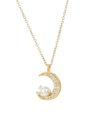 真金电镀镶锆石气质锁骨链女2024年新款复古法式月亮珍珠项链