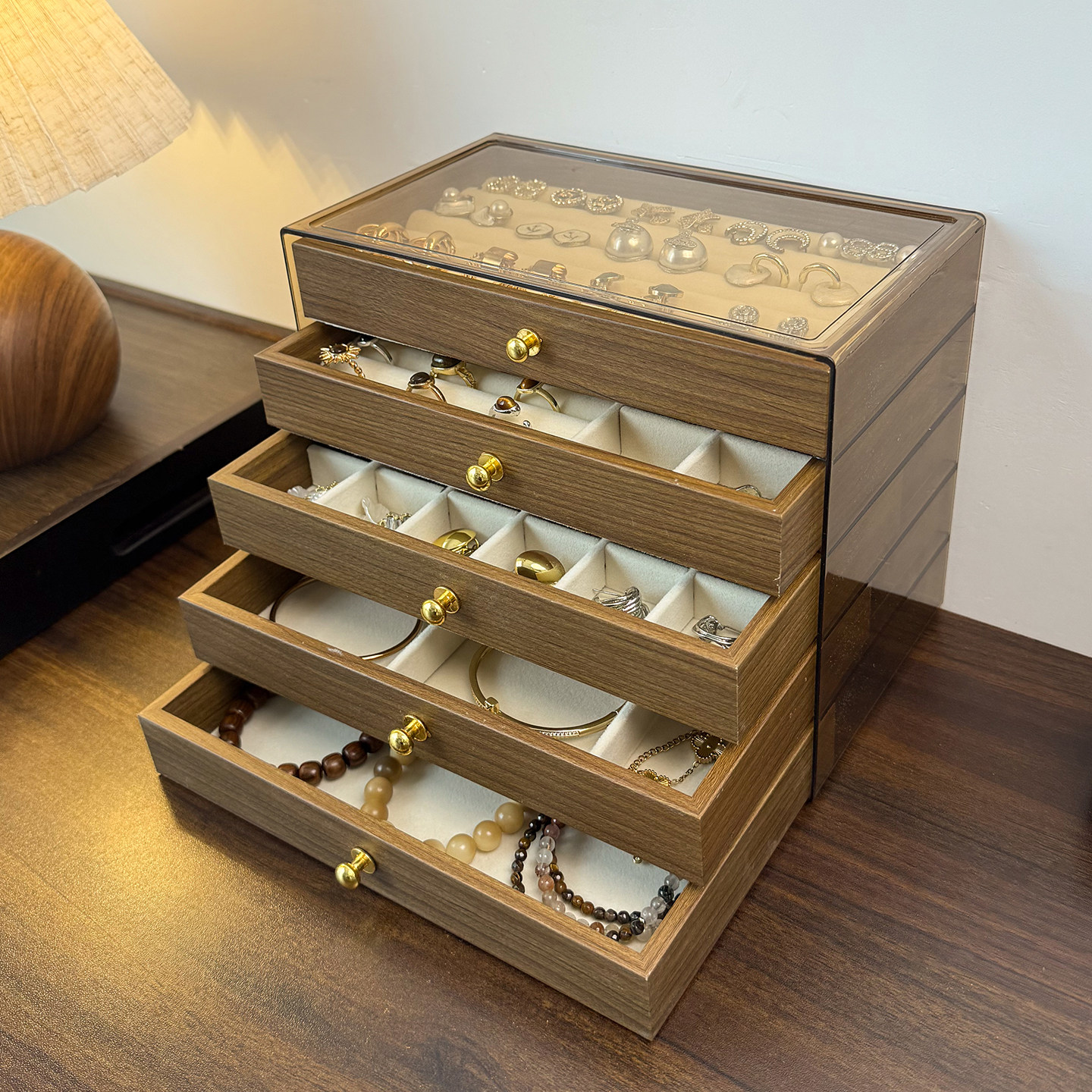 首饰收纳盒高档精致胡桃木纹大容量耳钉项链饰品头饰手饰收纳盒子,淘宝优惠券,粉丝福利购,淘宝优惠卷