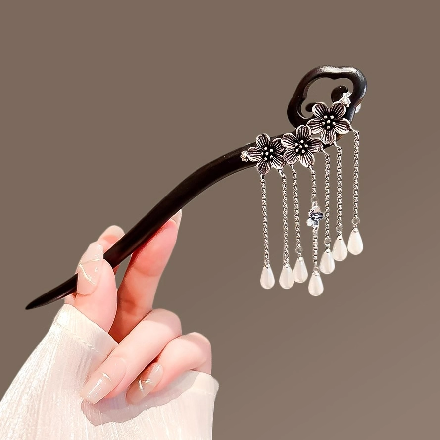 古风黑檀木发簪女祥云古银花朵流苏步摇气质盘发簪子高级感发钗,淘宝优惠券,粉丝福利购,淘宝优惠卷