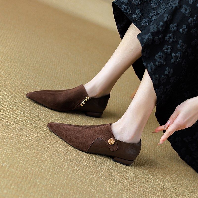 法式复古平底深口单鞋女2024春季新款低跟尖头R拼接气质磨砂皮女,淘宝优惠券,粉丝福利购,淘宝优惠卷