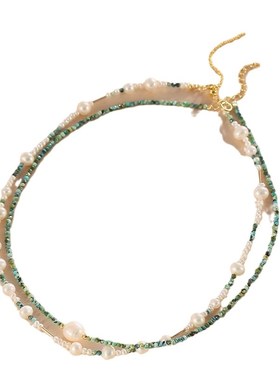 天然珍珠颈链锁骨链女轻奢小众设计感双层叠戴绿松石项链简约时尚