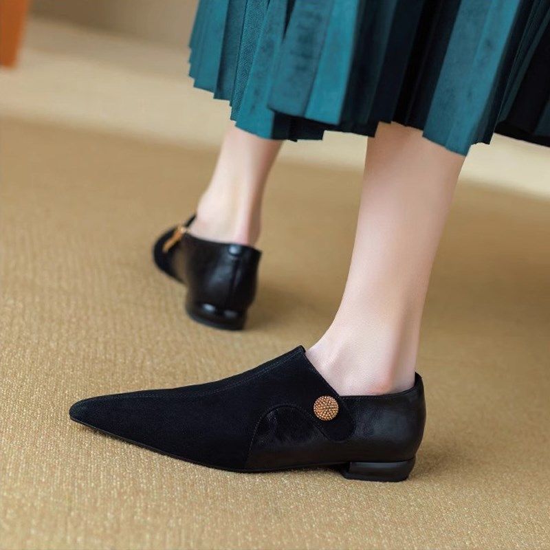 法式复古平底深口单鞋女2024春季新款低跟尖头R拼接气质磨砂皮女,淘宝优惠券,粉丝福利购,淘宝优惠卷