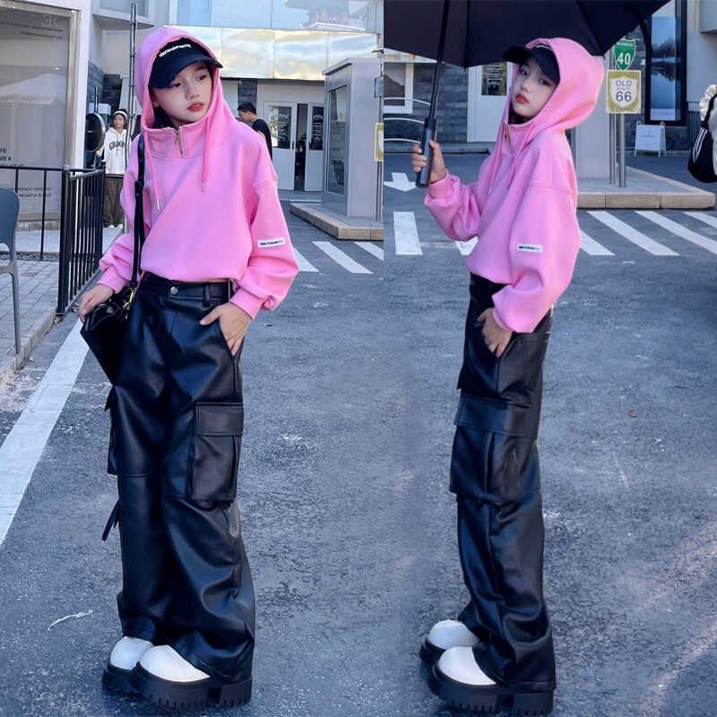 连帽短款卫衣女童秋季新款2025秋装女H孩炸街阔腿休闲皮裤两件套,淘宝优惠券,粉丝福利购,淘宝优惠卷