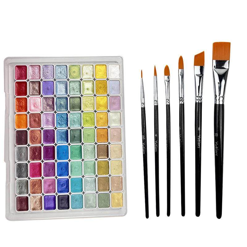 珠光固体水彩颜料美术生专用国画水彩绘画60色+6支脸刷画笔套装,淘宝优惠券,粉丝福利购,淘宝优惠卷