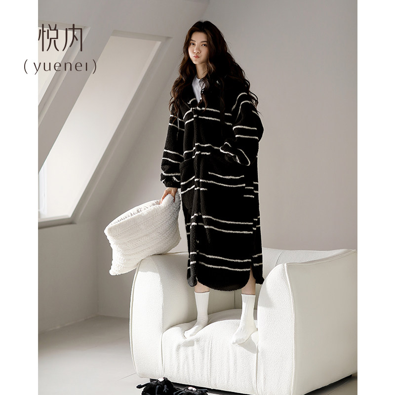 悦内睡袍女睡衣睡裙秋冬季冬款法兰绒加绒加厚珊瑚绒长款条纹大码,淘宝优惠券,粉丝福利购,淘宝优惠卷
