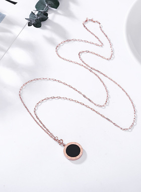 极速新款长版毛衣链女 钛钢玫x瑰金罗马圆项链 黑白双面流行小饰