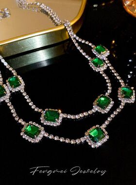 时尚超闪祖母绿链网锁骨双层高级