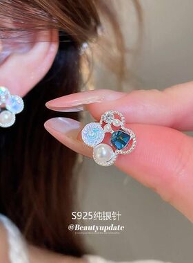 真金花朵纯银18k耳环珍珠时尚S925针耳饰锆石耳钉电镀轻奢风精致