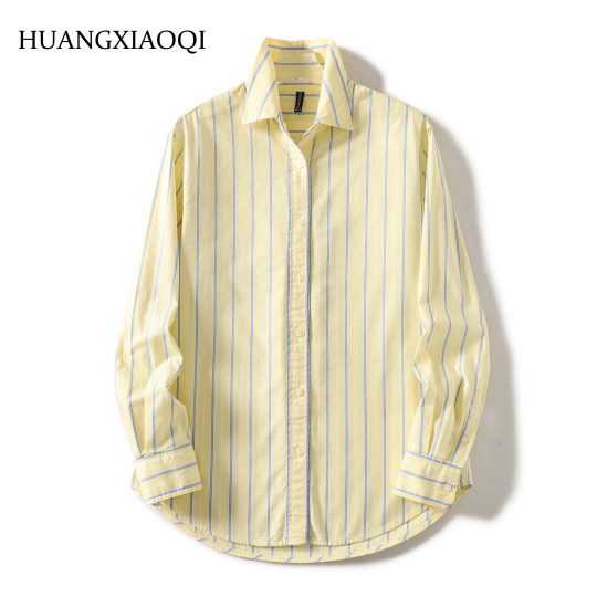 Huangxiaoqi Cowboy Spring and Autumn Pure Cotton Oxford Spinning Vertical Stripe Women's Long Sleeve Shirt Base Shirt