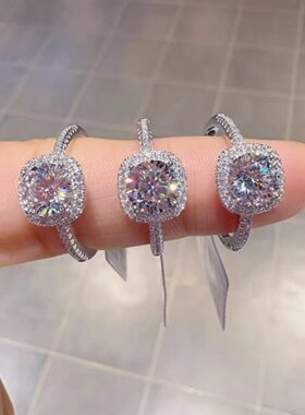 胖东来爆闪小方糖戒指女士奢华s925纯银莫桑钻戒女活口经典送礼盒