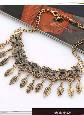 极速货源夸c张复古个性树叶流苏镶钻颈链 服装配饰欧美项链女 现