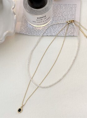 极速天然淡水珍珠项炼 法式宫廷风F椭圆黑玛瑙项链精致百搭复古锁