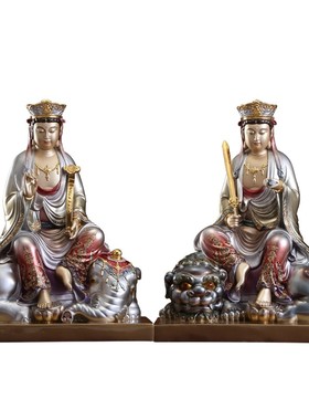 极速台湾铜雕文殊菩萨普贤佛像纯铜掐F丝珐琅彩绘铜像家用文殊普