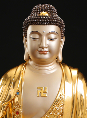 极速铜雕贴金释迦牟尼佛像纯铜释B迦佛三世佛客厅家用娑婆三圣铜